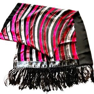Velvet & silk long wrap shawl scarf fringe ends red silver black pink stripes